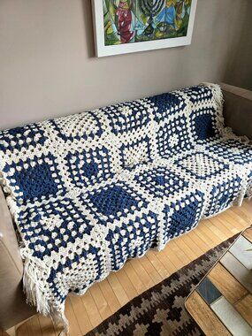 Large Handmade Granny Square Throw Afghan Blanket Blue Beige Boho Cozy Fringes